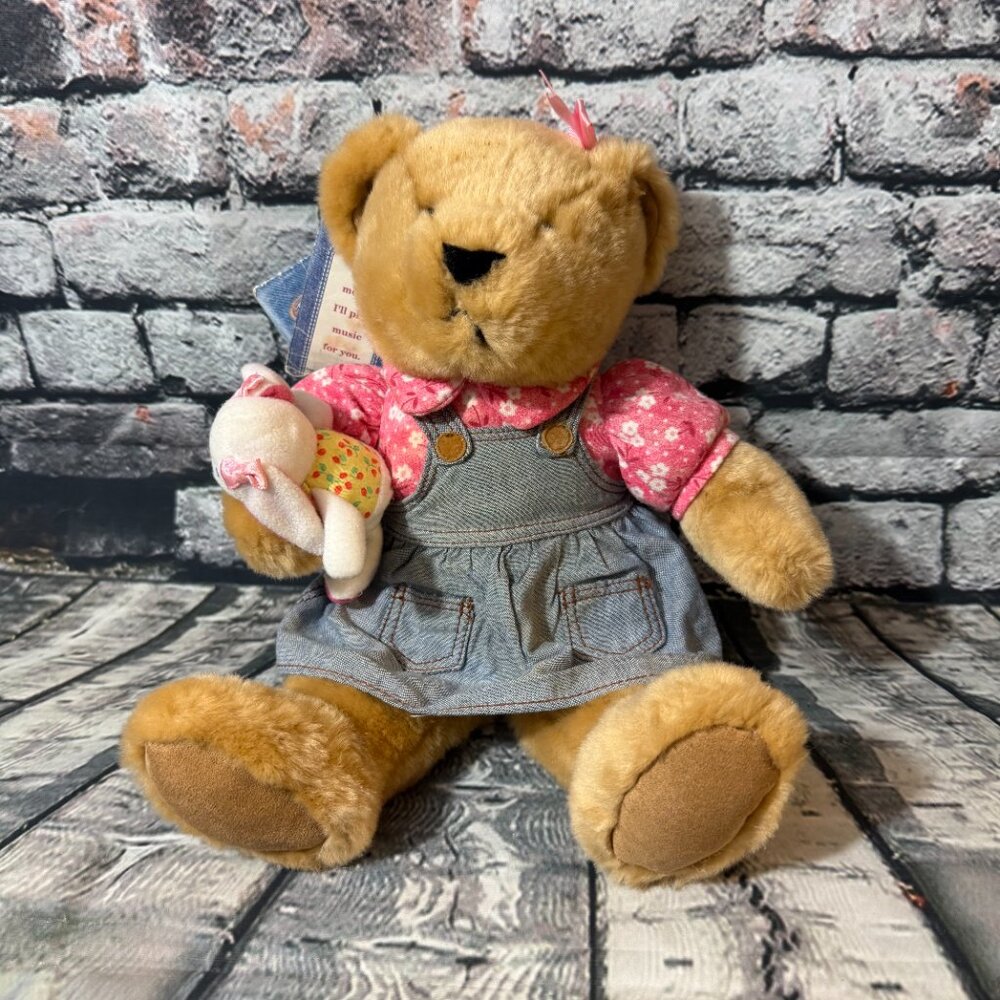 Vintage 1990's Blue Jean Teddy Musical Plush Bear - Music \ Movement Works! NWT
